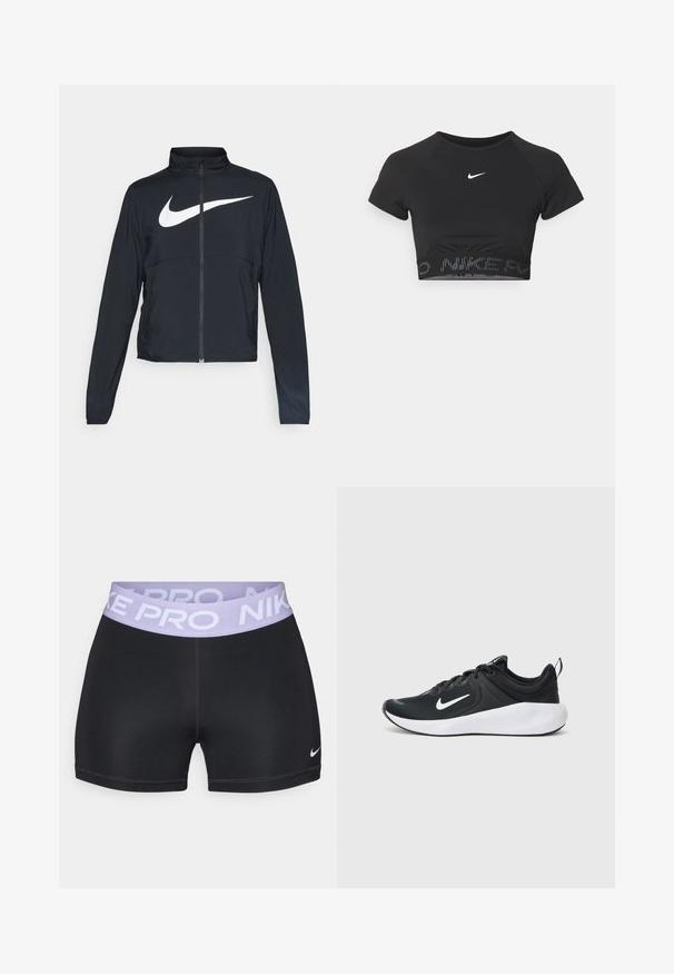 Must musta täispikk vary hoodie kõrge krae, pikad varrukad ja suur valge Nike swooshi logo rinnal.; Mustas lühikeste varrukatega sportlik crop top, millel on valge Nike logo ja tekstuuriga riba, mille servas on mustriga "NIKE".; Mustad mustad, sileda tekstuuriga, lavendli värvi vöökoht ja sildiga "NIKE PRO." Jalgadel on väike valge Nike logo.; Mustmustel mustus jalanõud hingava kangast pealmise, valge Swoosh-logo, sujuva valge vahekerise ja tekstuuritud musta välispinnaga.