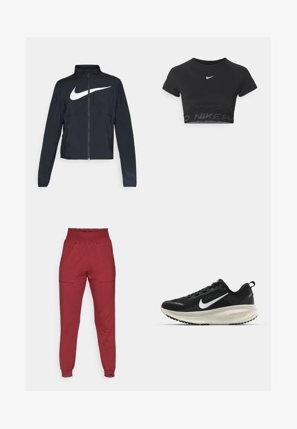 Sort fuld-zip sportsjakke med høj krave, lange ærmer og stort hvidt Nike swoosh-logo på brystet.; Sort cropped sportstop med korte ærmer, prydet med et hvidt Nike-logo og et struktureret bånd med "NIKE" i et mønster ved kanten.; Højtaljede røde joggerbukser med elastisk talje og manchetter, der har forreste lommer og en slank, tapered pasform.; Sort Nike løbesko med åndbart mesh-overdel, hvidt swoosh-logo, tekstureret detaljering og en cremede ZoomX mellemsål.