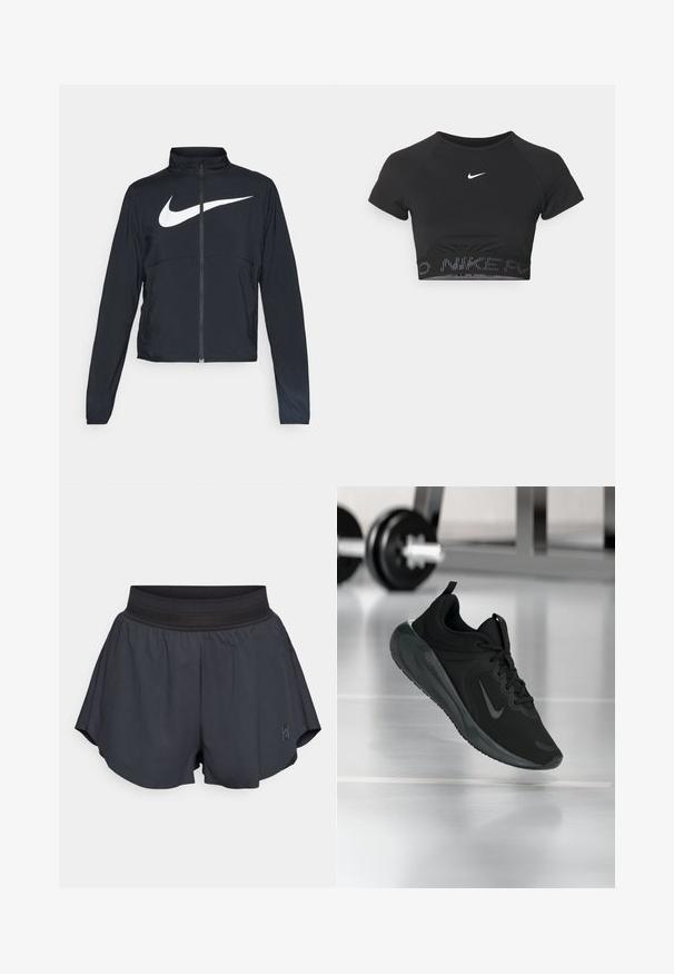Fekete, teljes cipzáros sportdzseki magas gallérral, hosszú ujjal, amelyen egy nagy, fehér Nike logó található a mellkason.; Fekete, rövid ujjú, crop sporttop, fehér Nike logóval és texturált pánttal, amelyen a "NIKE" felirat mintázatban szerepel az aljában.; Fekete sportos rövidnadrág, puha elasztikus derékrésszel, laza fazonnal, oldalt enyhe ráncokkal és kis logóval az alsó elején.; Fekete sportcipő Nike logóval, amely a levegőben látható az edzőterem padlóján, a háttérben elmosódott kézi súlyzó állvánnyal.