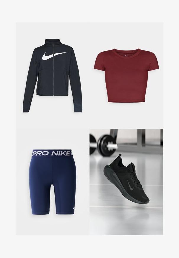 Jachetă sport neagră cu fermoar pe toată lungimea, guler înalt, mâneci lungi și un logo mare alb Nike swoosh pe piept.; Top scurt, cu mânecă scurtă, de culoare burgundă, realizat dintr-un material neted, cu decolteu rotund. Design minimalist, fără logo-uri sau modele vizibile.; Shorts de compresie Nike Pro de culoare bleu marin, cu talie elastică, prezentând brandingul alb Nike Pro și un mic swoosh alb Nike pe picior.; Tenisii sport negru cu logo-ul Nike, arătați în aer deasupra podelei de sală de sport, cu un suport pentru haltere neclar în fundal.