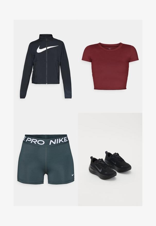 Black full-zip sports jacket with high collar, long sleeves, and large white Nike swoosh logo across the chest.; Burgundy, short-sleeved crop top made of smooth fabric with a round neckline. Minimalist design, no visible logos or patterns.; Dark gray Nike Pro athletic shorts with wide elastic waistband featuring "NIKE PRO" in white lettering and small white Nike swoosh logo.; Black athletic shoes with a textured upper, lace-up design, and a thick, cushioned sole. Features a grey Nike logo on each side.