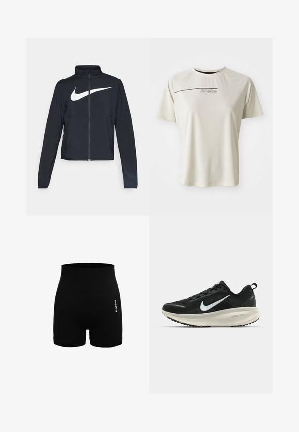 Must musta täispikk vary hoodie kõrge krae, pikad varrukad ja suur valge Nike swooshi logo rinnal.; Heled béžist lühikeste varrukatega T-särk, millel on soonikkoes. Omab sportlikku disaini ja tumeda pruuni "HUMMEL" logo rinnal.; Mustad must sportlikud lühikesed püksid, mis on valmistatud siledast kangast, laia soonikkummiga vöökohaga, külgseamnete ja väikese valge logoga ees.; Musthave mustus Nike jooksujalats, millel on hingav võrgust ülemine osa, valge swoosh logo, tekstuuriga detailid ja kreemja värvusega ZoomX vahevöö.