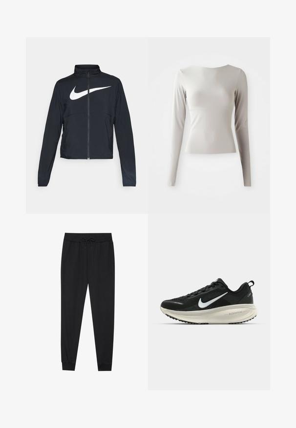 Schwarze Sportjacke mit vollem Reißverschluss, hohem Kragen, langen Ärmeln und großem weißen Nike-Swoosh-Logo auf der Brust.; Helles graues Langarmoberteil aus glattem, geschmeidigem Stoff mit Rundhalsausschnitt und figurbetonter Silhouette. Der Saum ist am Boden leicht ausgestellt.; Schwarze Jogginghose aus weichem Stoff, mit elastischem Bund und Kordelzug, schmal zulaufenden Beinen und gerippten Bündchen an den Knöcheln.; Schwarzer Nike-Laufschuh mit atmungsaktivem Mesh-Obermaterial, weißem Swoosh-Logo, strukturierten Details und einer cremefarbenen ZoomX-Zwischensohle.