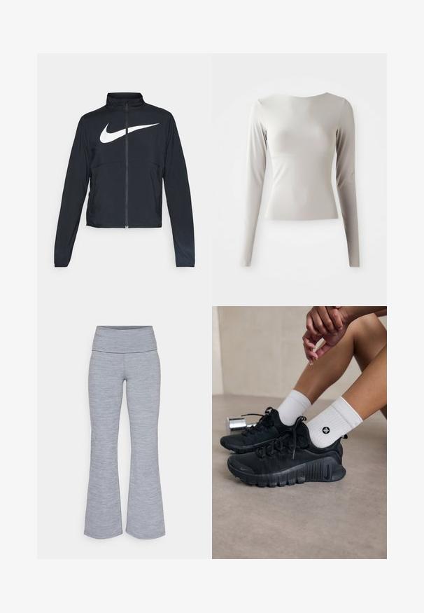 Melnā sporta jaka ar pilnu rāvējslēdzēju, augstu apkakli, garām piedurknēm un lielu baltu Nike swoosh logotipu krūšu daļā.; Gai pelēks garām piedurknēm tops, kas izgatavots no gluda, glīša auduma ar apaļu kakla izgriezumu un pieguļošu siluetu. Apakšdaļa ir nedaudz izplata.; Pelēkas flared leggingi ar platu jostasvietu; izgatavoti no mīksta, teksturēta materiāla ar melanžveida rakstu visā virsmā.; Melnas sporta kurpes ar teksturētu audumu, saistītu dizainu un izteiktu zoli, savienotas ar baltām ribotām zeķēm ar mazu logo.