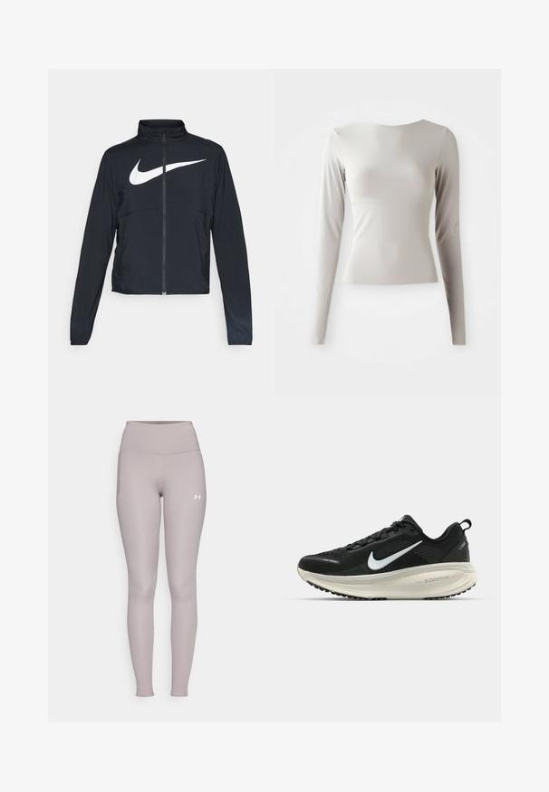 Črna športna jakna z polnim zadrgo, visokim ovratnikom, dolgimi rokavi in velikim belim logotipom Nike swoosh čez prsi.; Svetlo siva majica s dugim rukavima, izdelana iz gladkega, prefinjenega materiala, z okroglim izrezom in prilegajočo silhueto. Rob je na dnu rahlo razširjen.; Under Armour MOTION LEGGING - Pajkice - tetra gray/white; Črne Nike tekaške čevlje z zračno mrežno zgornjim delom, belim logotipom Swoosh, teksturiranimi detajli in smetanasto barvnim srednjim delom ZoomX.