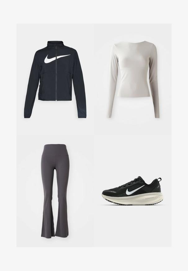 Veste de sport noire zippée sur toute la longueur avec un col haut, des manches longues et un grand logo Nike swoosh blanc sur la poitrine.; Haut à manches longues gris clair en tissu lisse et soyeux, avec un encolure ronde et une silhouette ajustée. L'ourlet est légèrement évasé en bas.; Pants de yoga grises évasés fabriqués en tissu extensible. Taille haute et texture lisse, avec un design ajusté jusqu'aux bas évasés.; Baskets de course noir Nike avec tige respirante en mesh, logo swoosh blanc, détails texturés et semelle intermédiaire ZoomX de couleur crème.