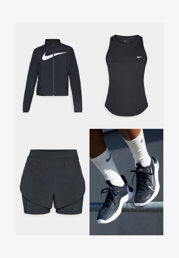 Must musta täispikk vary hoodie kõrge krae, pikad varrukad ja suur valge Nike swooshi logo rinnal.; Mustmust muströöp, mis on valmistatud niiskuse eemal hoidvast materjalist. Omab ümmargust kaelust, kitsast lõiget ja valget Nike logo rinnal.; Mustad musta sportlikud lühikesed püksid kihilise disainiga, millel on sile välimine kiht ja istuvad sisepüksid. Valmistatud kergest, venivast kangast.; Mustad musteharjasteedega sportlikud jalanõud, millel on tekstuuriga kudumise ülaosa, valge vaheosa ja mustad seotud nöörid. Seljas valged ribaga sokid, millel on logo.