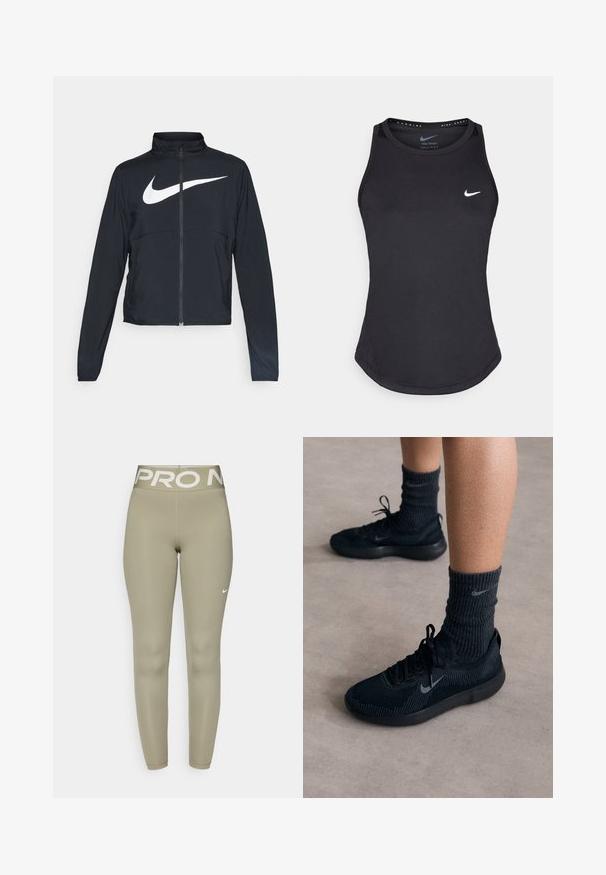 Giacca sportiva nera con zip completa, colletto alto, maniche lunghe e grande logo swoosh bianco Nike sul petto.; Top sportivo nero realizzato in materiale traspirante. Presenta un colletto rotondo, una vestibilità slim e il logo Nike bianco sul petto.; Leggings sportive verde oliva con una ampia vita bianca che presenta il testo "PRO" e un piccolo logo Nike bianco sul lato sinistro in basso.; Sneakers neri Nike con tomaia in maglia testurizzata, caratterizzati da un logo swoosh grigio, abbinati a calze scure a coste. Suola in gomma piatta.