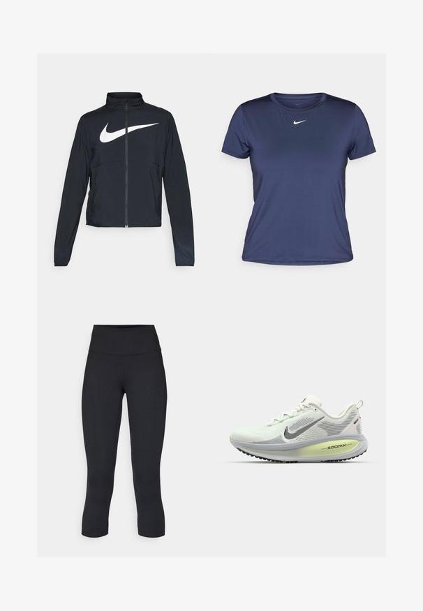 Casaco desportivo preto com fecho éclair completo, gola alta, mangas longas e grande logótipo branco da Nike na parte frontal.; T-shirt atlético de mangas curtas azul marinho, feito de um tecido liso e leve, com um pequeno logo branco da Nike no peito.; Leggings pretos cropped feitos de tecido elástico, apresentando uma cintura alta e uma textura suave, sem padrões ou acessórios visíveis.; Nike Performance VOMERO 18 - Sapatos para corrida em estrada - summit white/black/barely volt/light silver/metallic silver