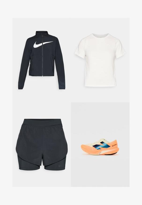 Melnā sporta jaka ar pilnu rāvējslēdzēju, augstu apkakli, garām piedurknēm un lielu baltu Nike swoosh logotipu krūšu daļā.; Viegls balts T-krekls ar īsām piedurknēm, apaļu kaklu un mazu logo augšējā kreisajā stūrī. Gluda auduma faktūra ar maigu spīdumu.; Melnas sporta šortus ar slāņotu dizainu, kas ietver gludu ārējo slāni un pieguļošus iekšējos šortus. Izgatavoti no viegla, elastīga auduma.; Skriešanas apavi ar vieglu krēmkrāsas augšdaļu, zilu zīmolu un oranžiem akcents uz zoles. Acu tekstūra gaisa caurlaidībai.