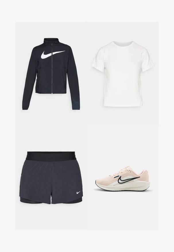 Čierna športová bunda na zips s vysokým golierom, dlhými rukávmi a veľkým bielym logom Nike na hrudi.; Ľahké biele tričko s krátkymi rukávmi, okrúhlym výstrihom a malým logom v hornom ľavom rohu. Hladká tkanina s miernym leskom.; Čierne športové šortky s elastickým pásom, ktoré majú vrstvený dizajn a malú bielu aplikáciu loga Nike v dolnom ľavom rohu. Ľahký materiál.; Nike Performance DOWNSHIFTER 13 - Cestná bežecká obuv - guava ice, armory,navy sail