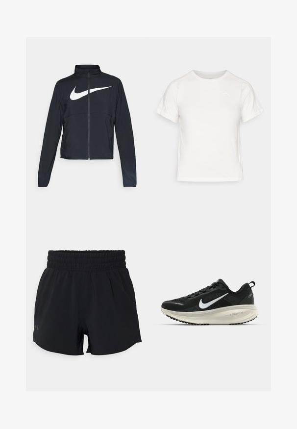 Μαύρο σπορ μπουφάν με πλήρη φερμουάρ, ψηλό λαιμό, μακριά μανίκια και μεγάλο λευκό logo Nike στον θώρακα.; Ελαφρύ λευκό T-shirt με κοντά μανίκια, στρογγυλή λαιμόκοψη και ένα μικρό λογότυπο στην επάνω αριστερή γωνία. Απαλή υφή με διακριτική γυαλάδα.; Μαύρα αθλητικά σορτς με ελαστική μέση, κατασκευασμένα από ελαφρύ ύφασμα, που διαθέτουν πλαϊνές τσέπες και ένα μικρό λογότυπο στην αριστερή πλευρά.; Μαύρο αθλητικό παπούτσι Nike με αναπνεύσιμο μανίκι από ύφασμα, λευκό λογότυπο swoosh, ανάγλυφη λεπτομέρεια και μεσαία σόλα ZoomX σε κρέμα απόχρωση.