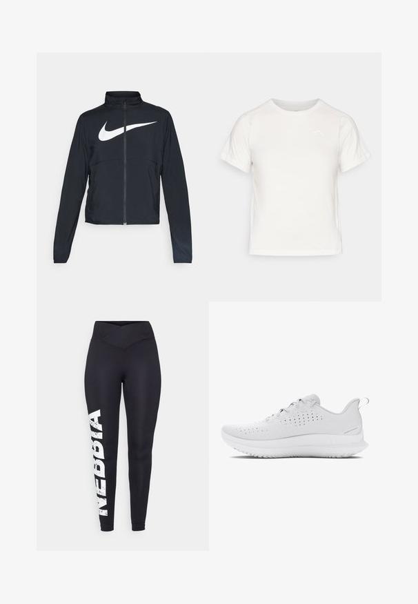 Svart sportjacka med hel dragkedja, hög krage, långa ärmar och stor vit Nike swoosh-logotyp över bröstet.; Lätt vit T-shirt med korta ärmar, rund hals och en liten logotyp i det övre vänstra hörnet. Slät tyg med en subtil lyster.; Svarta leggings med en hög, korsad midja. Har en vit, slitna "NEBBIA"-tryck längs vänster ben. Slät, elastisk tyg.; Ljusgrå atletiska skor med en texturerad ovandel, perforeringar för andningsförmåga och en gummisula med ett distinkt mönster.