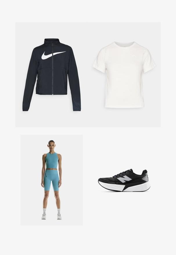 Juodas sportinis džemperis su visiškai užtraukiama užtrauktuku, aukšta apykakle, ilgomis rankovėmis ir dideliu baltu Nike swoosh logotipu per krūtinę.; Lengvas baltas marškinėliai trumpomis rankovėmis, apvaliu kaklu ir maža logo viršutiniame kairiajame kampe. Lygus audinys su subtiliu blizgesiu.; On Tamprės - niagara; Juodai balta New Balance bėgimo batai su storesne pado dalimi, tinklinė viršutinė dalis ir "N" logotipas šone, matoma iš išorinės pusės.