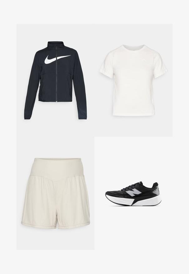 Juodas sportinis džemperis su visiškai užtraukiama užtrauktuku, aukšta apykakle, ilgomis rankovėmis ir dideliu baltu Nike swoosh logotipu per krūtinę.; Lengvas baltas marškinėliai trumpomis rankovėmis, apvaliu kaklu ir maža logo viršutiniame kairiajame kampe. Lygus audinys su subtiliu blizgesiu.; Šviesiai bežiniai šortai su tekstūruota raištelių juosta, plazdančiu dizainu ir kasdiene pritaikymu. Ypatybes: siūti apvadu ir šoninės plyšys, leidžiančios judėti laisvai.; Juodai balta New Balance bėgimo batai su storesne pado dalimi, tinklinė viršutinė dalis ir "N" logotipas šone, matoma iš išorinės pusės.