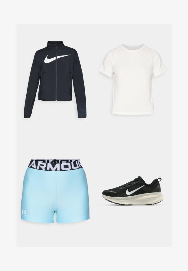 Čierna športová bunda na zips s vysokým golierom, dlhými rukávmi a veľkým bielym logom Nike na hrudi.; Ľahké biele tričko s krátkymi rukávmi, okrúhlym výstrihom a malým logom v hornom ľavom rohu. Hladká tkanina s miernym leskom.; Svetlomodré športové šortky s čiernym pásom, na ktorom je biely nápis "ARMOUR". Materiál vyzerá hladký a má priliehavý dizajn. Zobrazené logo Under Armour.; Čierne bežecké topánky Nike s priedušnou sieťovinou, bielym logom s symbolom swoosh, textúrovanými detailmi a krémovou ZoomX medzipodrážkou.