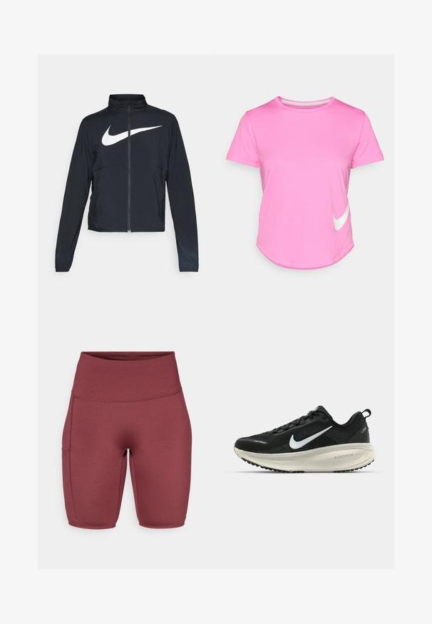 Črna športna jakna z polnim zadrgo, visokim ovratnikom, dolgimi rokavi in velikim belim logotipom Nike swoosh čez prsi.; Roza Nike majica s kratkimi rokavi, zaobljenim ovratnikom, gladke teksture, z belim logotipom na spodnji levi strani in ukrivljenim robom.; Burgundske hlače z visokim pasom iz gladkega, raztegljivega materiala. Imajo stransko žep in so prilegajoče, primerne za športno oblačilo.; Črne Nike tekaške čevlje z zračno mrežno zgornjim delom, belim logotipom Swoosh, teksturiranimi detajli in smetanasto barvnim srednjim delom ZoomX.