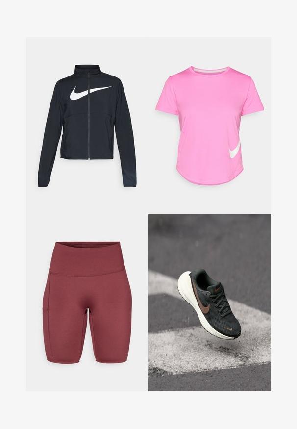 Juodas sportinis džemperis su visiškai užtraukiama užtrauktuku, aukšta apykakle, ilgomis rankovėmis ir dideliu baltu Nike swoosh logotipu per krūtinę.; Rožinė Nike marškinėlių su trumpomis rankovėmis, apvaliu iškirpimu, lygiu paviršiumi, su balta logotipu kairėje apatinėje pusėje ir kreivu kraštu.; Burgundinės aukšto liemens šortai su glotnia, tampria medžiaga. Yra šoninė kišenė ir prigludęs dizainas, tinkantis aktyviam laisvalaikiui.; Juodas tinklinis bėgimo batelis su tekstūruotu viršumi, rudu Nike logotipu ir baltu paminkštintu padu, pakabintas virš pilkos paviršiaus.