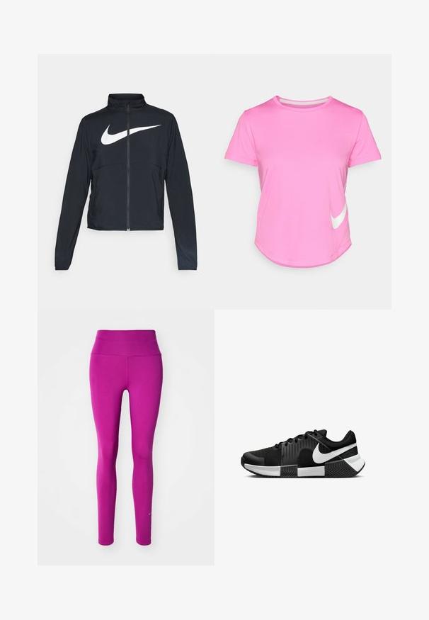 Jachetă sport neagră cu fermoar pe toată lungimea, guler înalt, mâneci lungi și un logo mare alb Nike swoosh pe piept.; Tricou roz Nike cu mâneci scurte, decolteu rotund, textură netedă, cu un logo alb în colțul din stânga jos și tiv curbat.; Leggings atletici ajustați, de culoare roz aprins, confecționați dintr-un material neted și elastic, cu un talie înaltă și o branding discretă în părțile inferioare ale piciorului.; Pantofi sport negri cu un superior din plasă, panouri laterale texturate și accente albe. Talpa este împărțită cu un model de tracțiune din cauciuc.