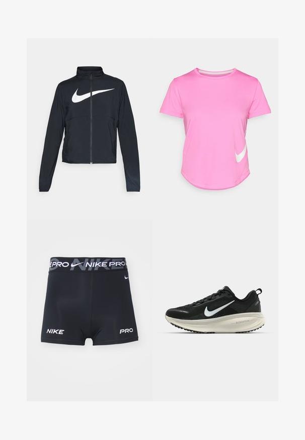 Musta urheilutakki, jossa on täysivetoketju, korkea kaulus, pitkät hihat ja suuri valkoinen Nike-tikkauksella rintaosa.; Vaaleanpunainen Nike-t-paita, jossa on lyhyet hihat, pyöristetty kaula-aukko, sileä pinta, valkoinen logo vasemmassa alareunassa ja kaareva helma.; Nike Performance SHORT - Trikoot - black/iron grey/white; Mustat Nike-juoksukengät, joissa on hengittävä verkko-osa, valkoinen swoosh-logo, teksturoitu yksityiskohtaus ja kermaisen värinen ZoomX-välipohja.
