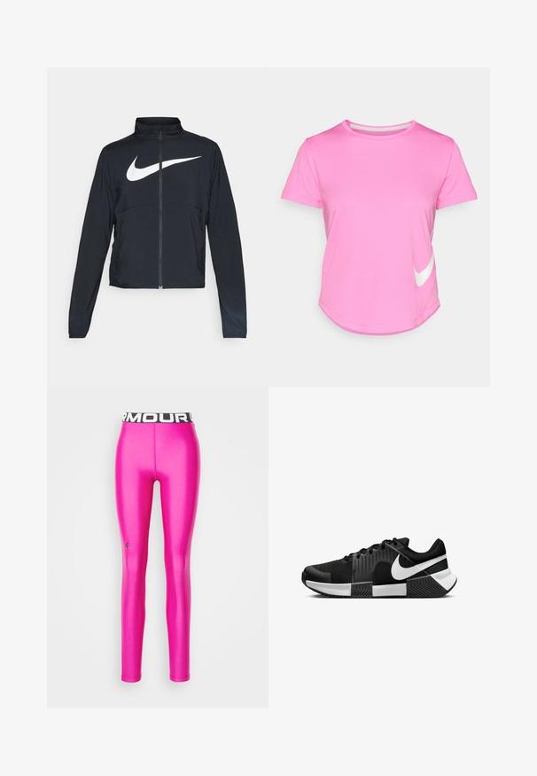 Jachetă sport neagră cu fermoar pe toată lungimea, guler înalt, mâneci lungi și un logo mare alb Nike swoosh pe piept.; Tricou roz Nike cu mâneci scurte, decolteu rotund, textură netedă, cu un logo alb în colțul din stânga jos și tiv curbat.; Under Armour HEATGEAR - Leggings - astro pink; Pantofi sport negri cu un superior din plasă, panouri laterale texturate și accente albe. Talpa este împărțită cu un model de tracțiune din cauciuc.