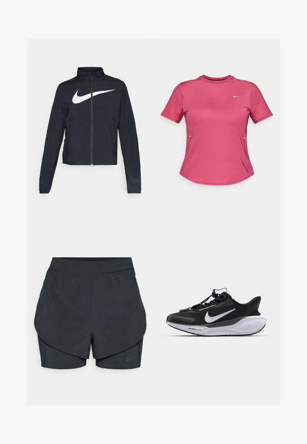 Schwarze Sportjacke mit vollem Reißverschluss, hohem Kragen, langen Ärmeln und großem weißen Nike-Swoosh-Logo auf der Brust.; Kurzarm-Sportshirt aus leuchtend pinkem Stoff mit Rundhalsausschnitt, ausgestattet mit einem kleinen weißen Logo auf der Brust und einem minimalistischen Design.; Schwarze sportliche Shorts mit einem geschichteten Design, das eine glatte äußere Schicht und eng anliegende innere Shorts umfasst. Hergestellt aus leichtem, dehnbarem Material.; Schwarze Sportschuhe mit strukturiertem Obermaterial, kontrastierendem weißem Logo und einer gepolsterten weißen Sohle. Verfügt über ein Schnellverschluss-System für einfaches Anziehen.