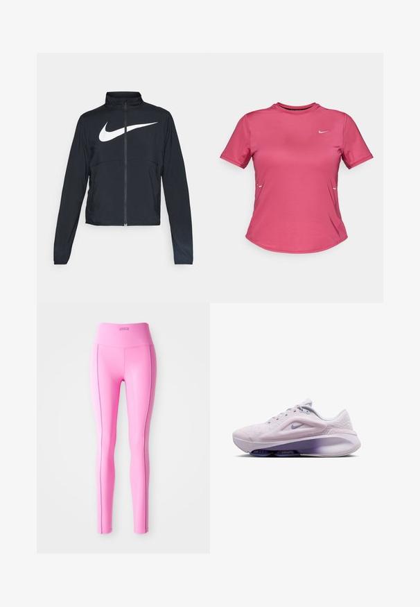 Chaqueta deportiva negra de cremallera completa con cuello alto, mangas largas y gran logo de Nike en blanco en el pecho.; Camiseta deportiva de manga corta en tela de un brillante color rosa, con cuello redondo, que presenta un pequeño logo blanco en el pecho y un diseño minimalista.; Leggings ajustados de color rosa, hechos de tela elástica, con una cinturilla alta y costuras laterales en contraste. Textura suave y sin patrones visibles.; Zapatilla deportiva de color púrpura claro con parte superior texturizada, puntera redonda y amortiguación en la suela intermedia. Presenta un swoosh de Nike púrpura y detalles de malla.