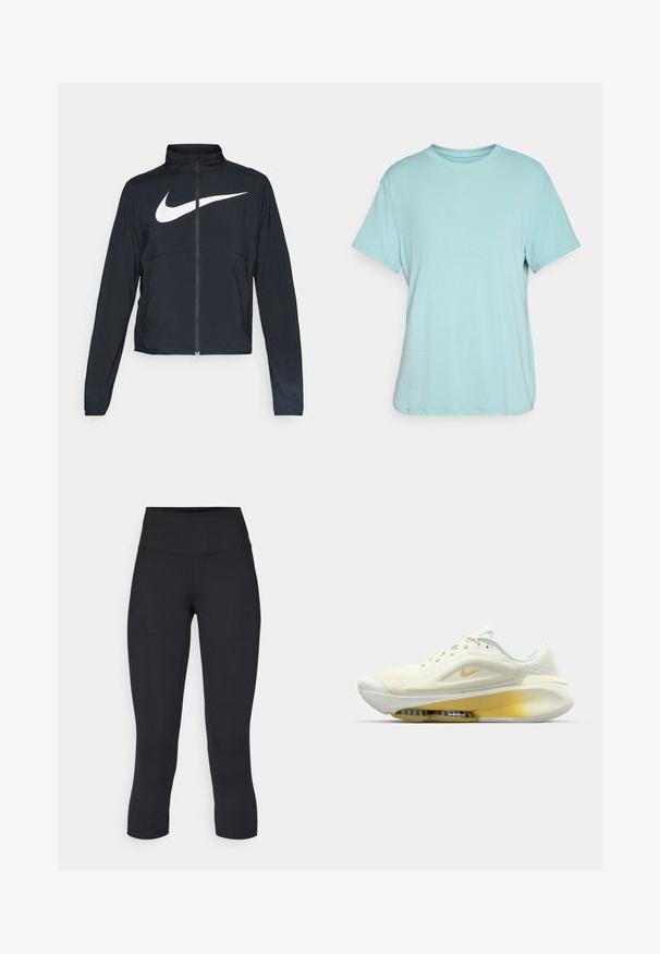 Crna sportska jakna s punim patentnim zatvaračem, visokim ovratnikom, dugim rukavima i velikim bijelim Nike swoosh logom preko grudi.; Svijetloplavi majica s okruglim izrezom, kratkih rukava, opuštenog kroja, izrađena od mekanog materijala s glatkom teksturom i bez vidljivih uzoraka ili akcenata.; Crne skraćene tajice od rastezljivog materijala, s visokim strukom i glatkom teksturom, bez vidljivih uzoraka ili dodataka.; Nike atletska obuća u svijetlo žutoj i bijeloj boji. Ima mrežasti gornji dio, podstavljeni ovratnik i vidljivu Air Zoom jedinicu u potplatu. Tekstuirana tkanina.