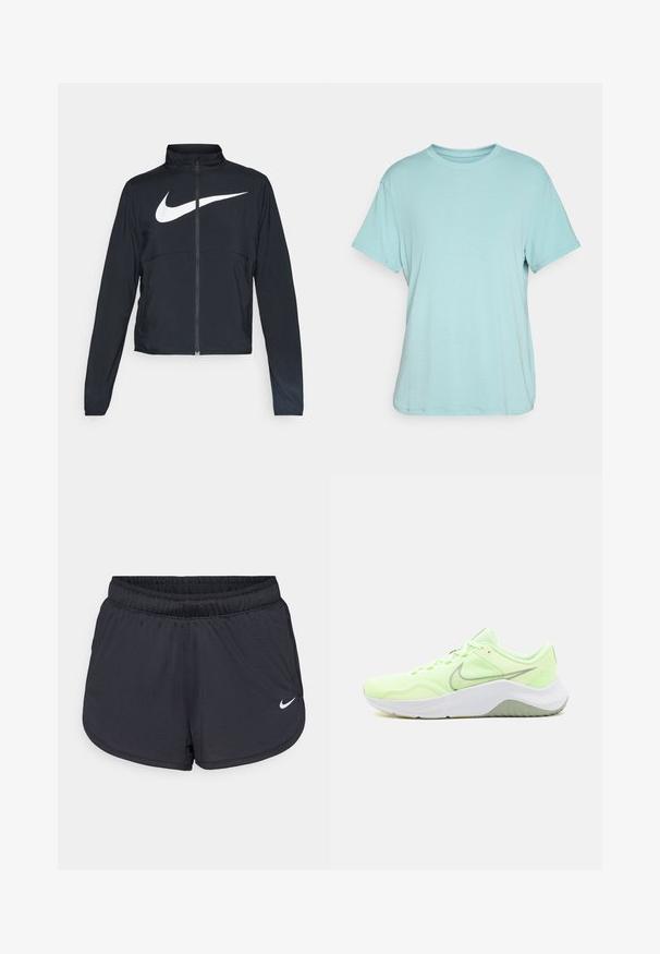 Schwarze Sportjacke mit vollem Reißverschluss, hohem Kragen, langen Ärmeln und großem weißen Nike-Swoosh-Logo auf der Brust.; Hellblaues Rundhals-T-Shirt, kurze Ärmel, lockere Passform, aus einem weichen Stoff mit glatter Textur und ohne sichtbare Muster oder Akzente.; Schwarze Sportshorts mit elastischem Bund, sportlichem Design und weißem Nike-Logo vorne unten. Strukturierter Stoff.; Nike Performance LEGEND ESSENTIAL 3 - Trainingsschuh - barely volt/olive aura/jade horizon