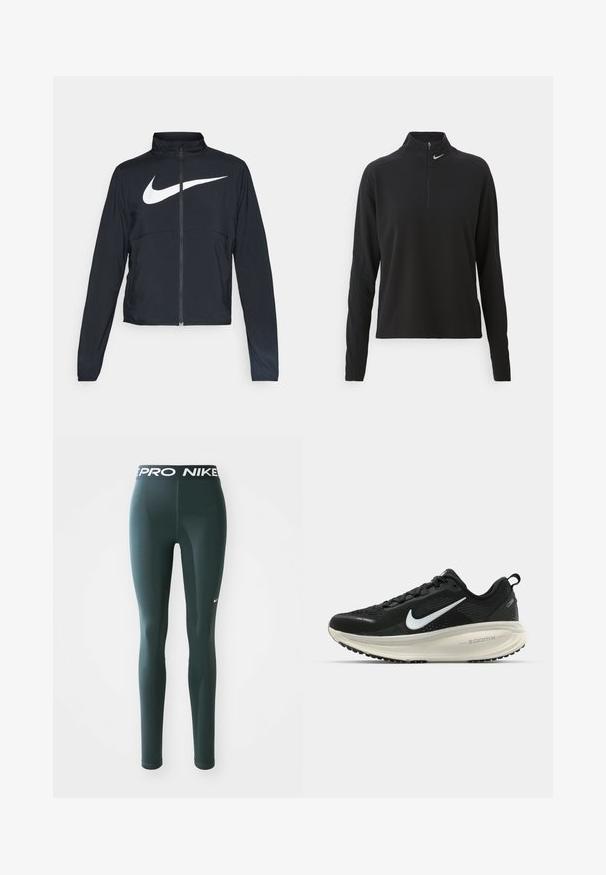 Sort fuld-zip sportsjakke med høj krave, lange ærmer og stort hvidt Nike swoosh-logo på brystet.; Sort langærmet pullover med højt krave, har en halv lynlås foran og et lille sølvlogo på venstre side. Blødt, elastisk stof.; Mørkegrønne leggings lavet af strækbart materiale, med en bred talje med "PRO NIKE" logo og en lille hvid Nike swoosh på siden.; Sort Nike løbesko med åndbart mesh-overdel, hvidt swoosh-logo, tekstureret detaljering og en cremede ZoomX mellemsål.