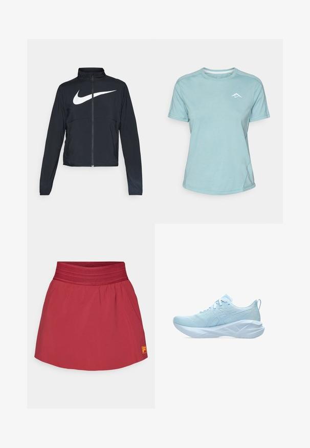 Must musta täispikk vary hoodie kõrge krae, pikad varrukad ja suur valge Nike swooshi logo rinnal.; Hele sinine lühikeste varrukatega T-särk, mis on valmistatud pehmest kangast, ümara kaelusega ja väikese valge logoga rinnal. Õmblusdetailid on nähtavad.; Punane spordisügis, millel on lai elastne vöökoht, kerge kangas, kokku tõmmatud tekstuur ja väike oranž logo alumises paremas nurgas.; Heledad sinine sportlik jalats, millel on võrgust pealispind, lamedad paelad ja paks, tekstureeritud tallaga, millel on geomeetrilised aktsendid stabiilsuse tagamiseks.