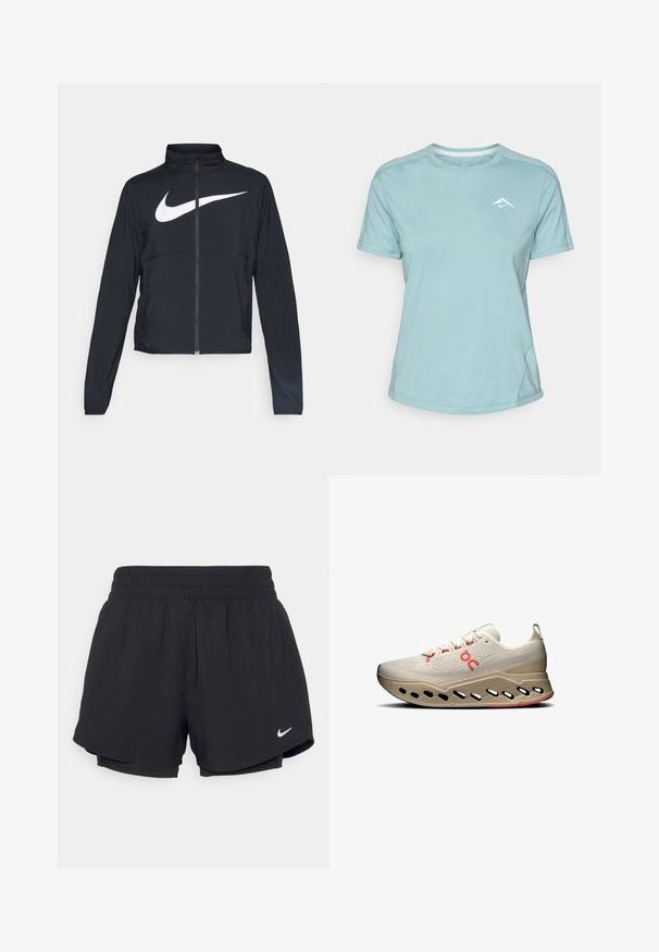 Jachetă sport neagră cu fermoar pe toată lungimea, guler înalt, mâneci lungi și un logo mare alb Nike swoosh pe piept.; Tricou de culoare albastru deschis, cu mânecă scurtă, fabricat dintr-un material moale, având un guler rotund și un mic logo alb pe piept. Detalii de cusătură vizibile.; Shorts atletici negri cu un talie elastică strânsă, căptușeală interioară și logo-ul alb Nike în partea stângă jos. Material neted și ușor.; Încălțăminte sport de culoare bej deschis, cu un superior texturat, accente roșii și o talpă inovatoare, cu decupaje pentru respirabilitate și amortizare.