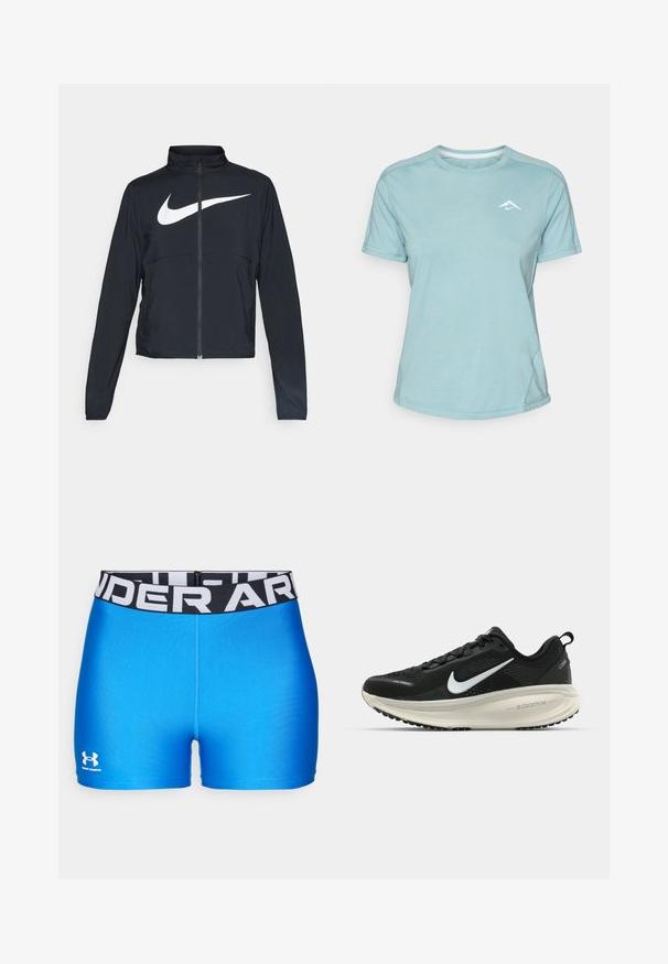 Crna sportska jakna s punim patentnim zatvaračem, visokim ovratnikom, dugim rukavima i velikim bijelim Nike swoosh logom preko grudi.; Svijetloplava majica kratkih rukava od mekanog materijala, s okruglim izrezom i malim bijelim logotipom na prsima. Prikazane su šavove.; Plave atletske kratke hlače s crnim pojasom na kojem se nalazi bijeli tekst "UNDER ARMOUR". Glatka tekstura, uski dizajn i logo na rubu.; Crne Nike trkačke tenisice s prozračnom mrežastom gornjom konstrukcijom, bijelim swoosh logotipom, teksturiranim detaljima i kremastom ZoomX srednjom potplatnom jedinicom.