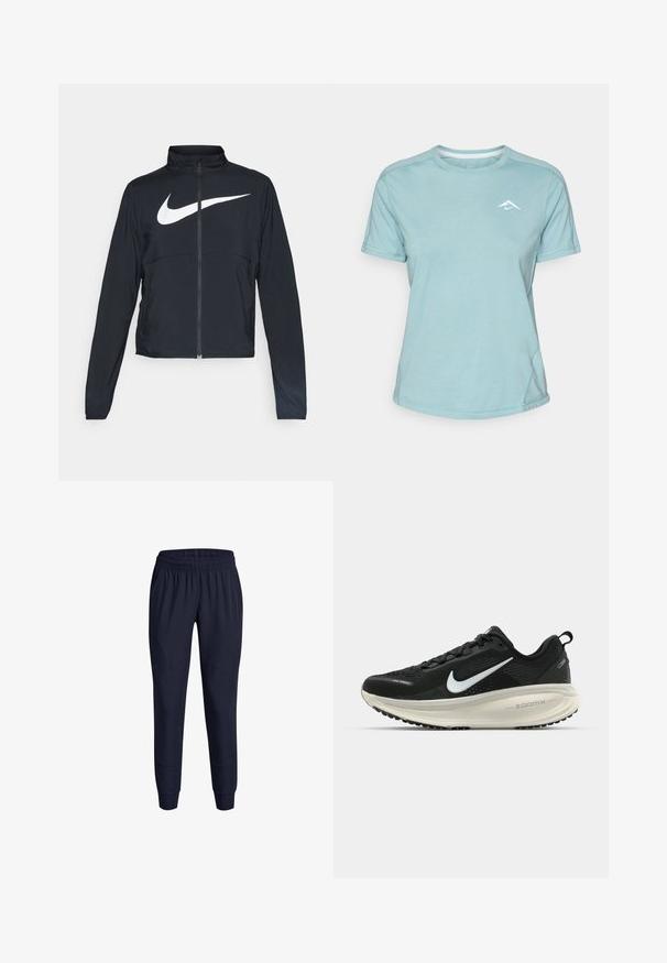Czarna bluza sportowa na zamek błyskawiczny z wysokim kołnierzem, długimi rękawami i dużym białym logo Nike na klatce piersiowej.; Jasnoniebieska koszulka z krótkim rękawem, wykonana z miękkiego materiału, z okrągłym dekoltem i małym białym logo na piersi. Widoczne przeszycia.; Granatowe spodnie sportowe z elastycznym pasem, zwężającymi się nogawkami i bocznymi kieszeniami, wykonane z lekkiego, gładkiego materiału.; Czarna biegowa półbut z oddychającej siateczki, białym logo swoosh, teksturowanymi detalami oraz kremową podeszwą środkową ZoomX.