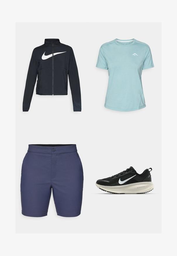 Zwarte sportjas met volledige rits, hoge kraag, lange mouwen en groot wit Nike swoosh-logo op de borst.; Lichtblauw T-shirt met korte mouwen van zacht materiaal, met een ronde halslijn en een klein wit logo op de borst. Stiknaden zichtbaar.; Marineblauwe shorts van gladde stof, met een knoopsluiting, riemlussen en een stijlvolle pasvorm met een nette zoom.; Zwarte Nike hardloopschoen met ademend mesh bovenwerk, witte swoosh-logo, gestructureerde details en een crèmekleurige ZoomX middenzool.
