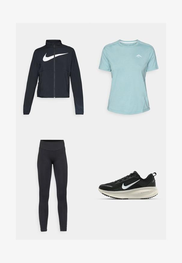 Black full-zip sports jacket with high collar, long sleeves, and large white Nike swoosh logo across the chest.; Light blue short-sleeve t-shirt made of soft fabric, featuring a round neckline and a small white logo on the chest. Seam detailing visible.; Black leggings made of stretchy fabric, featuring a high waistband, seamless design, and tapered legs, suitable for various activities.; Black Nike running shoe with breathable mesh upper, white swoosh logo, textured detailing, and a cream-colored ZoomX midsole.
