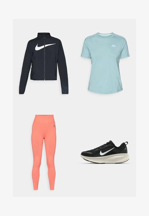 Giacca sportiva nera con zip completa, colletto alto, maniche lunghe e grande logo swoosh bianco Nike sul petto.; T-shirt azzurro chiaro a maniche corte realizzato in tessuto morbido, con collo rotondo e un piccolo logo bianco sul petto. Dettagli delle cuciture visibili.; Leggings a vita alta di un vivace colore corallo, realizzati in tessuto elastico. Presentano una texture liscia e un piccolo logo nero sulla vita.; Scarpa da corsa nera Nike con tomaia in rete traspirante, logo Swoosh bianco, dettagli testurizzati e intersuola ZoomX di colore crema.