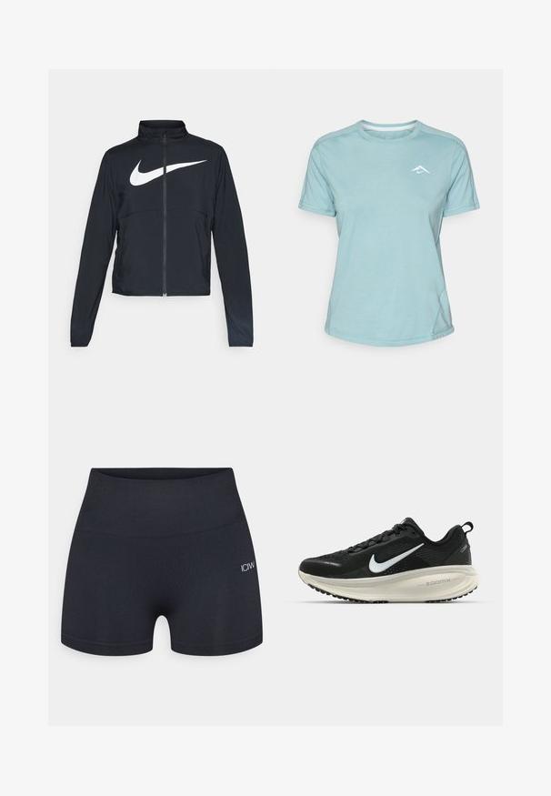 Crna sportska jakna s punim patentnim zatvaračem, visokim ovratnikom, dugim rukavima i velikim bijelim Nike swoosh logom preko grudi.; Svijetloplava majica kratkih rukava od mekanog materijala, s okruglim izrezom i malim bijelim logotipom na prsima. Prikazane su šavove.; Crne priljubljene kratke hlače od rastezljivega materiala, z širokim pasom in diskretnim logotipom na strani. Gladka površinska tekstura.; Crne Nike trkačke tenisice s prozračnom mrežastom gornjom konstrukcijom, bijelim swoosh logotipom, teksturiranim detaljima i kremastom ZoomX srednjom potplatnom jedinicom.
