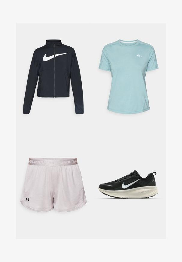 Svart sportjacka med hel dragkedja, hög krage, långa ärmar och stor vit Nike swoosh-logotyp över bröstet.; Ljusblå kortärmad t-shirt gjord av mjukt tyg, med rund halsringning och en liten vit logotyp på bröstet. Sömmar är synliga.; Ljusgrå atletiska shorts med texturerad tyg, elastisk midja med texten "UNDER ARMOUR" och svart logotyp på nedre vänstra sidan.; Svart Nike löparsko med andningsbart mesh-ovandel, vit swoosh-logotyp, texturerad detaljering och en krämfärgad ZoomX-mellansula.