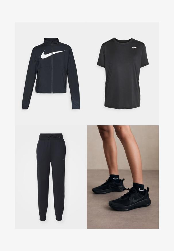 Melnā sporta jaka ar pilnu rāvējslēdzēju, augstu apkakli, garām piedurknēm un lielu baltu Nike swoosh logotipu krūšu daļā.; Melnas īsajām piedurknēm sporta T-krekls, kas izgatavots no gludas, vieglas auduma, ar nelielu baltu Nike logo augšējā kreisajā malā.; Melnas sporta bikses, izgatavotas no mīksta auduma, ar elastīgu jostasvietu un auklu, sānu kabatām un viegli pamanāmu logotipu kreisajā augšstilbā.; Melni sporta apavi ar sietveida dizainu un gumijas zole, ar izteiktu melnu Nike logo. Pārsvarā ar tumši zilo teksturēto zeķu pāri.