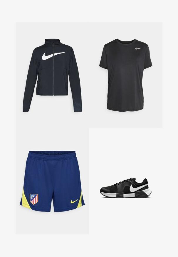 Fekete, teljes cipzáros sportdzseki magas gallérral, hosszú ujjal, amelyen egy nagy, fehér Nike logó található a mellkason.; Fekete, rövid ujjú sportpóló, sima, könnyű anyagból készült, amelyen a bal felső oldalon egy kis fehér Nike logó található.; Sötétkék sportnadrág sárga díszítéssel, rugalmas derékkal és oldalsó betétekkel. Hímezett klublogó a bal combon.; Fekete sportcipők hálós felsőrésszel, strukturált oldalsó panelekkel és fehér kiemelésekkel. A talpa osztott, gumikkal borított tapadásmintával.