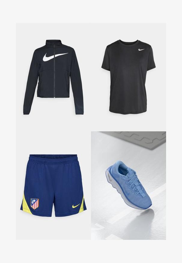 Schwarze Sportjacke mit vollem Reißverschluss, hohem Kragen, langen Ärmeln und großem weißen Nike-Swoosh-Logo auf der Brust.; Schwarz kurzärmliges Athletik-T-Shirt aus glattem, leichtem Stoff, mit einem kleinen weißen Nike-Logo auf der linken oberen Seite.; Marineblaues Sportshorts mit gelben Akzenten, ausgestattet mit einem elastischen Bund und seitlichen Einsätzen. Besticktes Vereinslogo auf dem linken Oberschenkel.; Helleblaue Sneakers mit einem strukturierten Mesh-Obermaterial, Schnürung, gepolstertem Schaft und einer durchsichtigen Sohle mit Wellenmuster. Silberner Logo-Akzent.