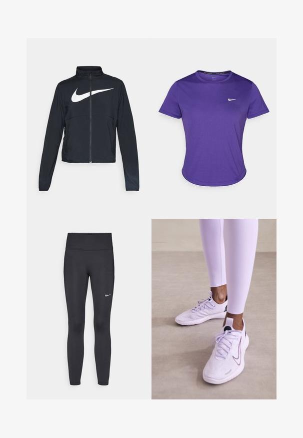 Giacca sportiva nera con zip completa, colletto alto, maniche lunghe e grande logo swoosh bianco Nike sul petto.; T-shirt sportivo viola realizzato in tessuto traspirante, con maniche corte e collo a giro. Piccolo logo bianco sul petto.; Leggings neri realizzati in tessuto elasticizzato, con una vita alta e un logo Nike bianco sulla coscia sinistra. Tessuto liscio, design aderente.; Nike Performance FREE RN FK NATURE - Scarpe da corsa su strada - lilac bloom/black/barely grape/vivid purple