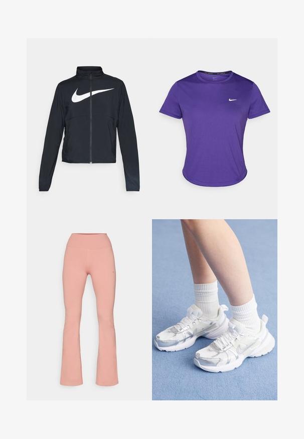 Črna športna jakna z polnim zadrgo, visokim ovratnikom, dolgimi rokavi in velikim belim logotipom Nike swoosh čez prsi.; Vijolična atletska majica iz materiala, ki odvaja vlago, z kratkimi rokavi in okroglim izrezom. Majhen bel logotip na prsih.; Razširjene vadbene hlače iz mehkega roza blaga, ki imajo visok pas in gladko teksturo, z minimalnim šivanjem in logotipom na strani.; Bela športna obutev s čipkastimi in sintetičnimi prekrivalnimi materiali, z značilnim srebrnim Nike znakom, v paru z rebrastimi belimi nogavicami na modri površini.
