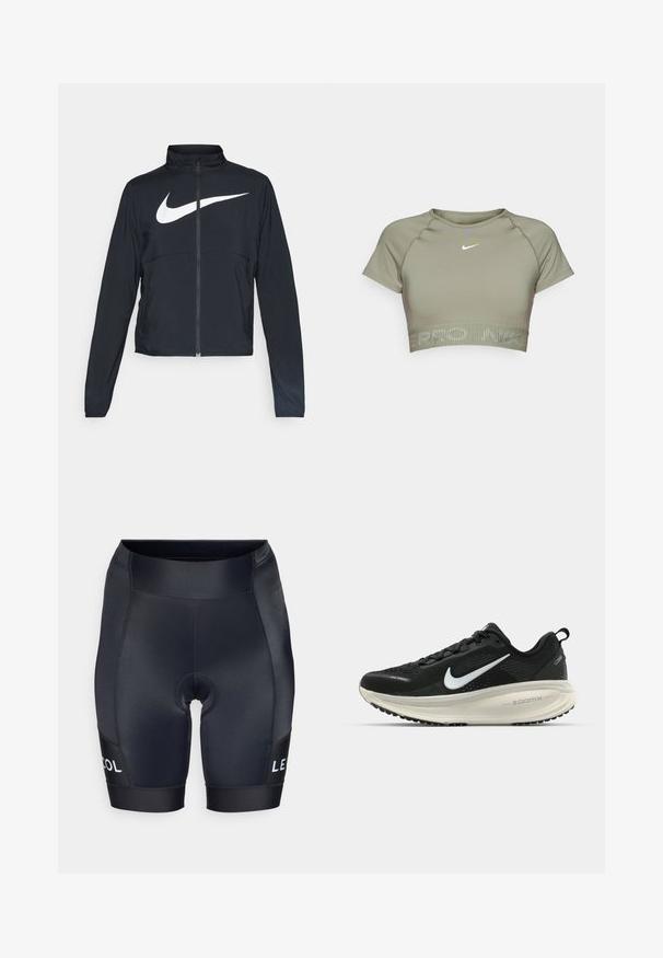 Fekete, teljes cipzáros sportdzseki magas gallérral, hosszú ujjal, amelyen egy nagy, fehér Nike logó található a mellkason.; Olivazöld, rövidujjú, sima anyagból készült, cropped sporttop, kerek nyakkivágással, és a mellkason középen elhelyezett világosszürke logóval.; Fekete kerékpáros nadrág, amely szoros illeszkedésű, sima, rugalmas anyagból készült. Tömörített ülőfelülettel rendelkezik, és kontrasztos fehér logó található az oldalán.; Fekete Nike futócipő légáteresztő hálós felsőrésszel, fehér Swoosh logóval, textúrázott részletekkel és krém színű ZoomX középtalppal.