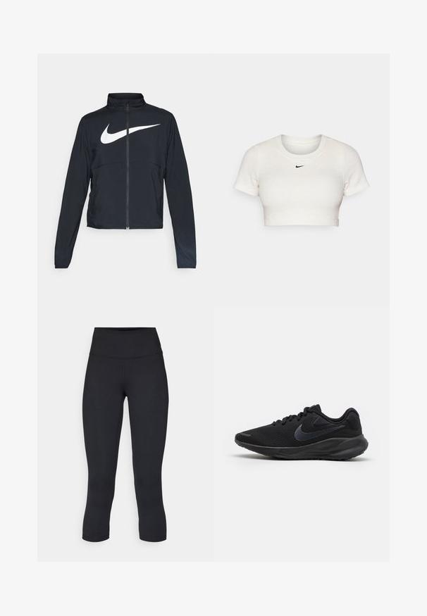 Čierna športová bunda na zips s vysokým golierom, dlhými rukávmi a veľkým bielym logom Nike na hrudi.; Zkrátené bílé tričko vyrobené z žebrované látky s krátkými rukávy a kulatým výstřihem; na hrudi se nachází malé černé logo Nike.; Čierne skrátené legíny vyrobené z elastického materiálu, s vysokým pásom a hladkou textúrou, bez viditeľných vzorov alebo kovania.; Čierna bežecká obuv s priedušným sieťovaným zvrškom, textúrovanými detailmi, plochými šnúrkami a pevným gumovým podpätkom s miernym zdvihom.