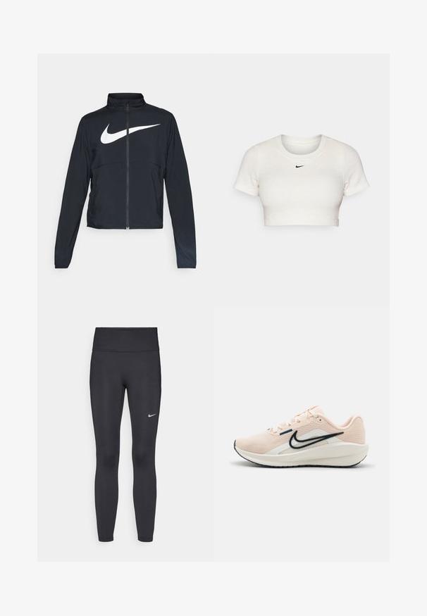Veste de sport noire zippée sur toute la longueur avec un col haut, des manches longues et un grand logo Nike swoosh blanc sur la poitrine.; T-shirt blanc court en tissu côtelé avec des manches courtes et un col rond ; présente un petit logo Nike noir sur la poitrine.; Leggings noirs en tissu extensible, dotés d'une taille haute et d'un logo Nike blanc sur la cuisse gauche. Texture lisse, design ajusté.; Nike Performance DOWNSHIFTER 13 - Chaussures de running sur route - guava ice, armory,navy sail