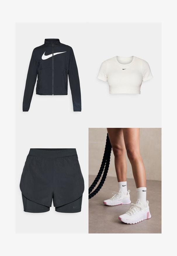 Sort fuld-zip sportsjakke med høj krave, lange ærmer og stort hvidt Nike swoosh-logo på brystet.; Kraftig hvid T-shirt i ribbet stof med korte ærmer og rund hals; har et lille sort Nike-logo på brystet.; Sorte atletiske shorts med et lagdelt design, der har et glat yderlag og tætsiddende indershorts. Lavet af letvægts, strækbart stof.; Hvide sportsko med rosa detaljer, struktureret overdel og polstret krave, parret med hvide ribbede sokker med et sort logo.