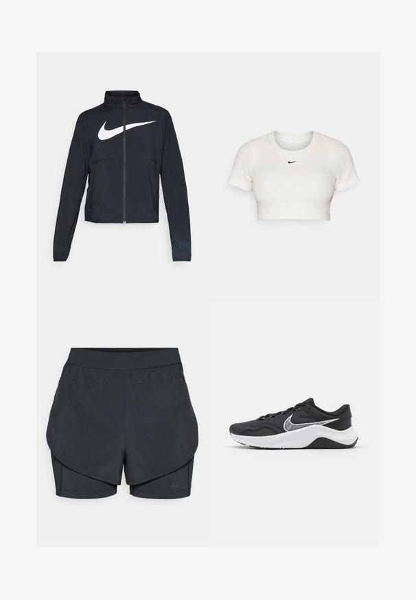 Zwarte sportjas met volledige rits, hoge kraag, lange mouwen en groot wit Nike swoosh-logo op de borst.; Korte witte T-shirt van geribd materiaal met korte mouwen en een ronde hals; heeft een klein zwart Nike-logo op de borst.; Zwarte sportshorts met een gelaagd ontwerp, voorzien van een gladde buitenlaag en aansluitende binnen shorts. Gemaakt van lichtgewicht, rekbare stof.; Zwarte sportschoen met een bovenwerk van mesh en witte accenten. Beschikt over een ronde neus, platte veters en een gestructureerde zwarte rubberen zool.