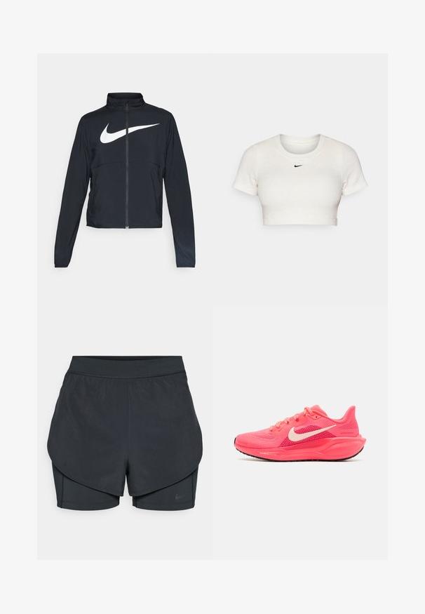 Černá sportovní bunda na zip s vysokým límcem, dlouhými rukávy a velkým bílým logem Nike swoosh přes prsa.; Zkrácené bílé tričko vyrobené z proužkované tkaniny s krátkými rukávy a kulatým výstřihem; má malou černou ikonu Nike na hrudi.; Černé sportovní šortky se vrstveným designem, s hladkým vnějším pláštěm a přiléhavými vnitřními šortkami. Vyrobené z lehké, pružné tkaniny.; Nike Performance AIR ZOOM PEGASUS 41 - Silniční běžecké boty - pink